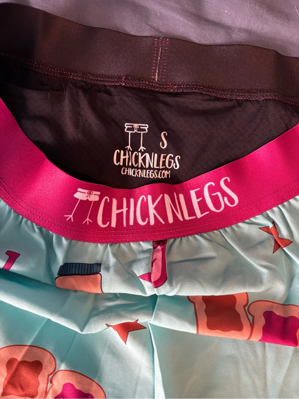 Chicknlegs Men's 2” Split Shorts in Aqua with Pink Waistband - PB&J print- Small